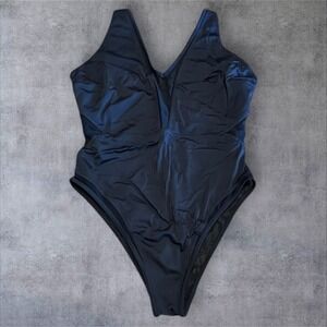 ASOS Black Fuller Bust Mesh Insert One Piece Swimsuit Plunge Cutout High Leg 10L